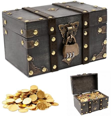 Vintage Schatztruhe Holz mit Schloss, für Kinder & Deko | ideale Aufbewahrung für Spielzeug und Schätze, für Kindergeburtstag, Piratenparty oder als Geschenk, dekorativ und praktisch