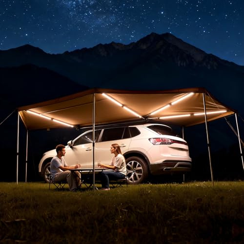 VEVOR Auvent 270 Degrés 6,09x2,10 m Auvent Voiture Latéral Rétractable Abri Autoportant Toutes Saisons pour Véhicule SUV Fourgonnettes Camionnettes Camping, Éclairage LED Intégré Imperméable UV50+