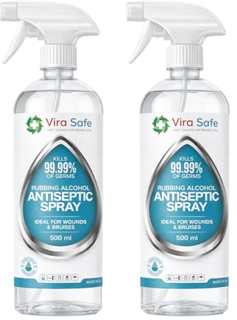2 x 500ml Vira Safe 80% Pure Rubbing Alcohol Antiseptic Spray 500ml – Multipurpose Cleaning & Disinfecting Solution for Home, First Aid, Electronics, Glass & Stainless Steel (2 x 500ml)