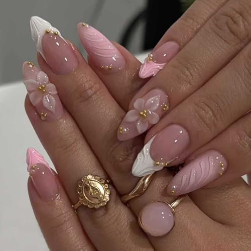 Pink Press On Nails - 24pcs Medium Almond False Nails With 3d Flower & Gold Rhinestones Design - Spring Summer French Tip Fake Nails With Glue For Women Wedding, Party, Dating Decoration