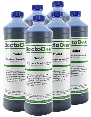 BactoDes Toilet Sanitärflüssigkeit für Campingtoilette 6 x 1 Liter, Geruchsneutralisierer, zersetzt Fäkalien, Sanitär-Reiniger für Chemie-Toilette