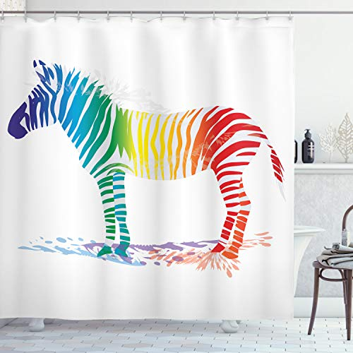 ABAKUHAUS Bunt Duschvorhang, Zebra-Regenbogen-Farben, mit 12 Ringe Set Stielvoll Modern, 175x200 cm, Mehrfarbig Weiss