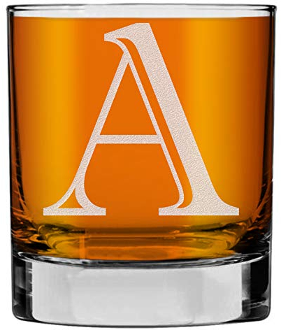 Etched Monogram 325ml Whiskey Rocks Glass (Letter A), A-Z Customised Bourbon Gin Rum Gifts Men, Personalised Whisky Tumbler Glass, Custom Engraved Gifts for Him, Initial, Name, Birthday, Retirement
