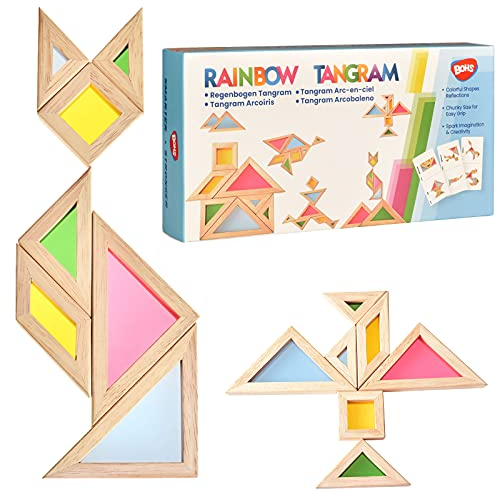 BOHS Tangram Translúcido con Tarjetas de Actividad Multilingües - Grosor de 1 Pulgada - Regalo para Preescolar - Rompecabezas de Mesa Luminosa/Juguetes para Ventana