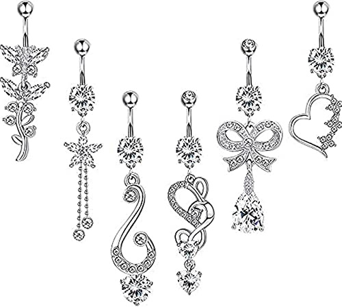 AMDXD Piercing de ombligo de calibre 14, 6 unidades, para ombligo, mariposa, corazón, lazo, ombligo, con circonita, para mujeres y niñas, Acero inoxidable, Circonia cúbica