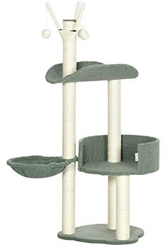 PawHut Kratzbaum 123H cm Kletterbaum Katzenbaum mit Liegekorb und Spielball Sisalsäule Katzenkratzbaum Plüsch Grün+Cremeweiß