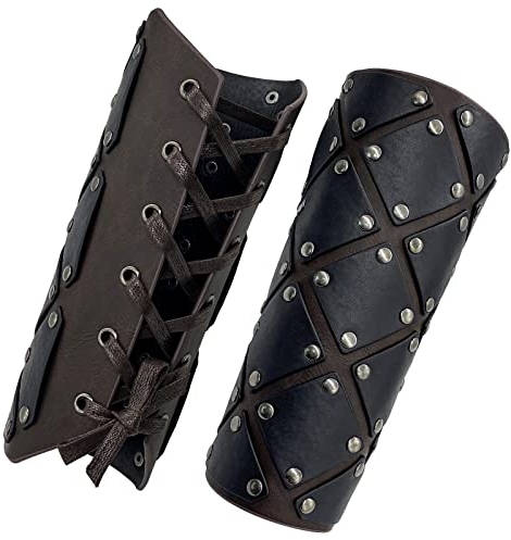 HiiFeuer Mittelalterliche Brigantine-Armschützer, Söldnerhandschuh aus Kunstleder, Vintage-Ritterarmschienen für LARP, Mittelaltermarkt (Dunkel Braun B)