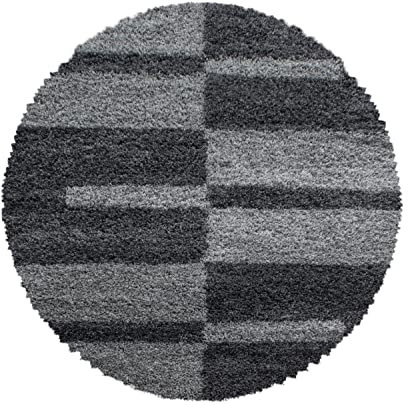SIMPEX Wohnzimmer Teppich Shaggy und Flauschiger Moderne Kariert Design Grau 200 cm Rund - Teppich Schlafzimmer Extra Weich Pflegeleicht Waschbarer - Carpet Living Room Rug