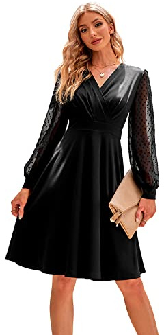 Odizli Rockabilly Kleider Damen 50er Jahre Herbst Vintage Elegant Retro Mesh Polka Dot Langarm V-Ausschnitt Swing Knielang Coctailkleid Festlich Hochzeit Hochzeitsgast Kurz Abendkleid Schwarz S