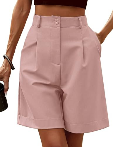Zeagoo Pantaloncini Donna Estivi Vita Elastica a Vita Alta Bermuda Pantaloncini Casual Gamba Larga Lavoro con Tasche Rosa XXL