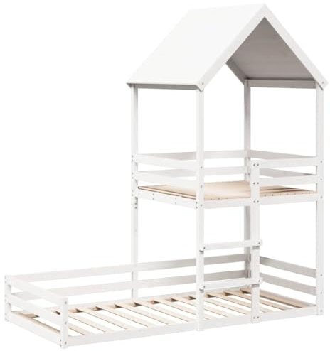 vidaXL Etagenbett, Hochbett mit Dach Leiter Sperrholzlatten, Stockbett für Schlafzimmer, Bett Holzbett Einzelbett, Weiß 90x200cm Massivholz Kiefer