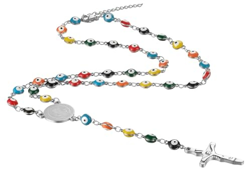 Flongo Böses Auge Rosenkranz Halskette: Y-Halskette mit Kreuz Anhänger Gold Böses Auge bunt Edelstahl Rosenkranz Jungfrau Maria katholische religiöse kette Damen Herren Katholizismus Virgin Mary