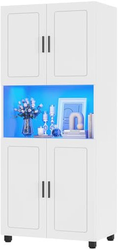 Brinlawb Meuble Salle de Bain, Armoire Salle de Bain avec éclairage LED réglable, Meuble de Rangement Cuisine avec 4 Portes et étagères réglables, Armoire de Rangement Haute pour Salon Cuisine, Blanc