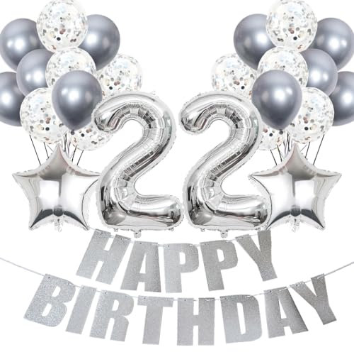 Conruich Luftballons 22. Geburtstag Dekoration, Silber Ballons Happy 22th Birthday DekoDeko 22 Jahre Frau, Folienballon Zahl 22 Silber, Deko 22. Geburtstag Frau, Geburtstagsdeko 22 Jahre Frauen Männer