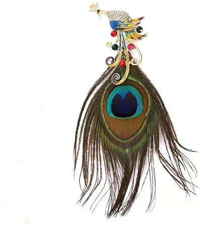Joievievie Broche Plume de Paon Épingle à Strass en Alliage Doré Accessoire pour Manteau Écharpe Costume