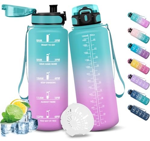 HoneyHolly Botella Agua, Motivacional 1,5 Litro, Botella Agua Gimnasio, Marcador de Tiempo, Cantimplora, Prueba de Fugas, Botella de Agua, Reutilizable, Botella Gym, para Escuela Camping Fitness