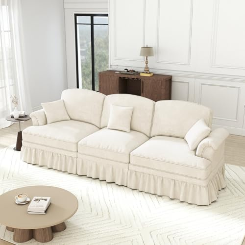A ALFRESCOOL Sofa mit Schlaffunktion, Sofa 3 Sitzer, Mittelalterlich Stil, mit Trichter-Armlehnen, Abnehmbarer Rüschenschürze & Spindelförmigen Beinen, Chennille-Stoff, 272×83.5×93cm (Weiß)