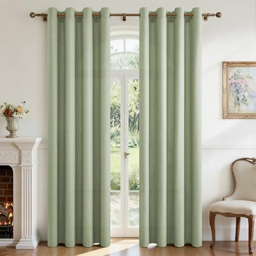 CUTEWIND Vorhang Leinen Grün Halbtransparent Ösenvorhang, Landhausstil Gardinen mit Ösen für Wohnzimmer Schlafzimmer Kinderzimmer Fenster 2er Set H 240 x B 140 cm, Leinenvorhänge