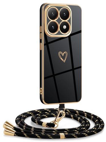 Mkej Coque pour Xiaomi 15T avec Cordon, Coque avec Collier Motif Coeur d'amour Silicone Galvanisé Housse, Réglable Amovible de Cordon Case pour Xiaomi 15T, Or Noir