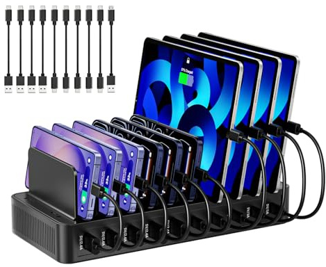 100 W USB-C-laddare med 10 kablar och 10 portar, laddningsstation för flera enheter, inklusive avtagbar justerbar splitter, 5 USB-A+5 USB-C, kompatibel med iPhone/Samsung/Google/surfplattor