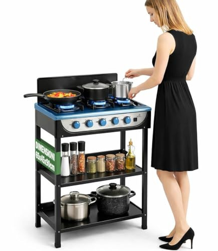 BAKAJI Cucina a Gas GPL con 5 Fuochi da Esterno e 2 Ripiani, Cucinotto Portatile in Acciaio con 5 Bruciatori, Paravento e piedini antiscivolo, Ideale per Giardino, Patio, Balcone, Campeggio