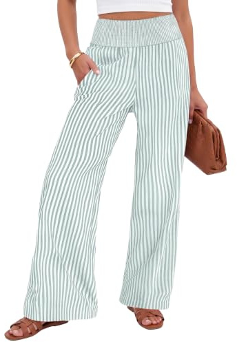 Xiaoliny Pantaloni Donna Estivi Righe Verticali Pantalone a Gamba Larga Vita Alta Elastica Leggero Elegante Pantaloni Palazzo con Tasche Casual Tuta Pantaloni Larghi da Tempo Libero Spiaggia Vacanze