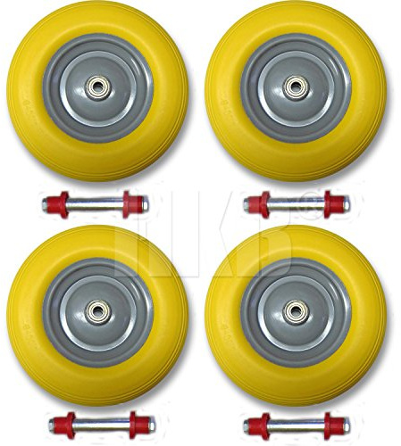 4 x HKB ® PU-Schubkarrenrad plus 4 Achsen, Schubkarre Reifen, 4.80/4.00-8, hochwertige Stahlfelge grau, mit Kugellager, max.180 kg Belastung, pannensicher, Material Polyurethan Schaum