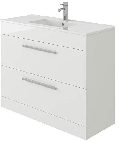 VeeBath Venus 1000 Vanity Unit, Wash Basin Bathroom Sink, Soft Close Drawer and Flap, Cloakroom Wall Mounted Storage Cabinet- White,Slim edge (Flat Pack)