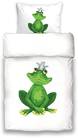 Schwanberg Bettwäsche Froschkönig Bunt Weiß Märchen Prinz Goldkugel Krone Renforcé Softtouch, Größe:135 cm x 200 cm