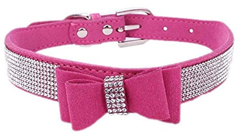 haoyueer Collier pour chien avec strass, en cuir synthétique doux, taille XS, rose vif 1