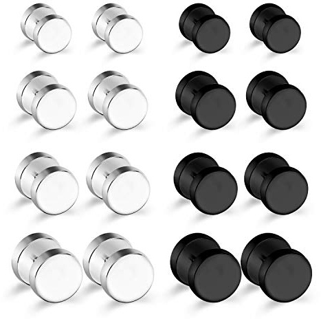 LAURITAMI 5 Paar Ohrringe Schwarz Edelstahl, Fake Plugs Ohrstecker Runde Flat Top Fake Tunnel Schwarz Ohrringe Damen Herren 4/6/8/10/12mm Punk Rock Ohrstecker