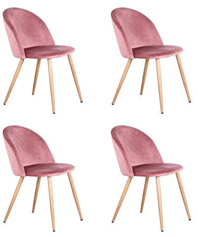 BenyLed Set di 4 Sedie Imbottite per Sala da Pranzo, con Schienale in Morbido Velluto e Gambe Regolabili in Metallo, Colore: Rosa