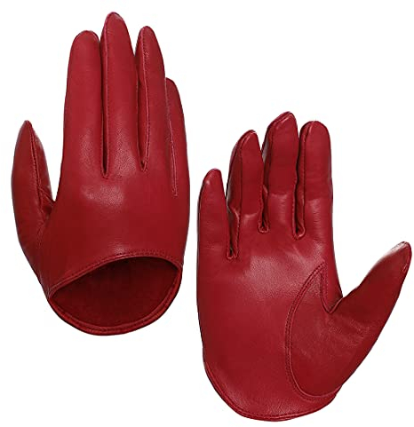 Harssidanzar Damen Lammfell Leder Half Palm Short Handschuhe ungefüttert GL011EU,Rot,M
