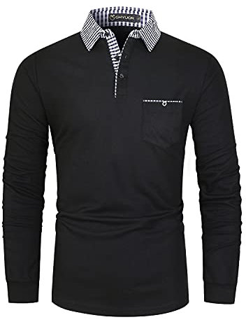GHYUGR Men's Polo Shirt Long Sleeve Contrasting Plaid Splice Golf Tennis T-Shirt,Black,XL