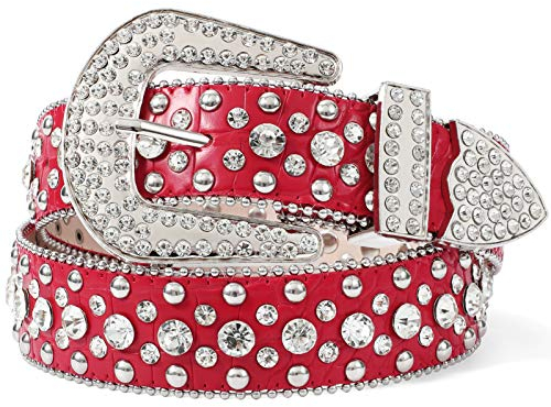 LEACOOLKEY Strass Gürtel für Damen Männer für Jeans, Western Cowgirl Nieten Ledergürtel, Damen Schwarzer Punk Strass Gürtel(S:Passgröße 70cm-80cm = 105cm Gesamtlänge,D-Rot)