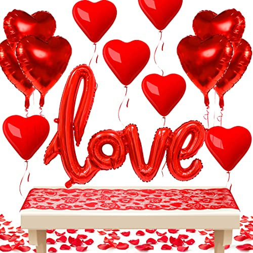 Love Luftballon Rot, 1000 Rosenblätter Deko, XXL Love Herz Folienballon Ballons Rot, Herz Latexballon, Valentinstag Ballons Set für Valentinstag Heiratsantrag Jubiläumsfeier