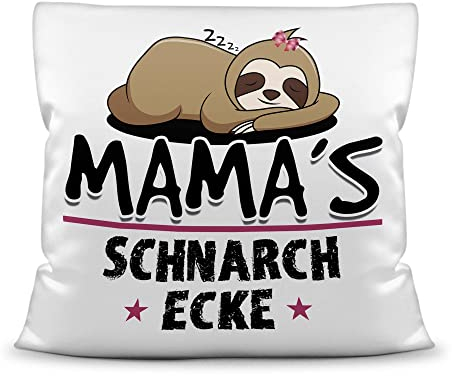 PR Print Royal Schnarch-Kissen - mit Spruch für Mama - Mamas Schnarch-Ecke, Sabber-Kissen - Lustiges Muttertagsgeschenk, für die Beste Mama, Geburtstag, Weihnachten - Kissen Weiß Polyester, 40x40 cm