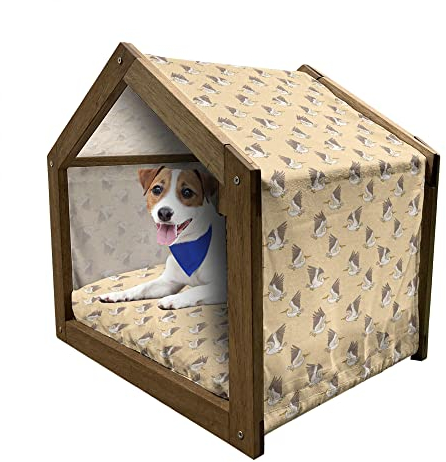 ABAKUHAUS Vogel Hundehütte aus Holz, Lustige Pelikan-Illustration, tragbare Hundehütte für drinnen und draußen mit Kissen und Abdeckung, 55 cm x 75 cm, Blasse Pfirsich-Kakao