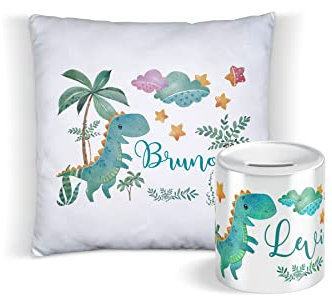 Dinosaurier Kinder-Spardose für Jungen und Mädchen mit Namen personalisiert zur Einschulung Taufe Geburtstag Geburt Sparschwein Geldgeschenk (Dino 3 - Kissen & Spardose Set)