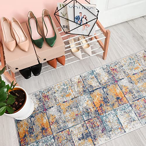 Mazovia Teppich Läufer Flur - Modern Abstraktes Teppichläufer - Kurzflor Flurläufer für Vorzimmer, Schlafzimmer, Küche - ÖKO-TEX Zertifiziert - Meterware - Grau Gelb - 70 x 100 cm