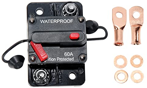 RED WOLF 60A Schutzschalter mit Kabelschuhe Kupferscheiben Wasserdichte Auto Leistungsschalter mit Manuellem Reset für LKW Wohnmobil Boot Auto Audio 60 Ampere Sicherungshalter 12V-48V DC
