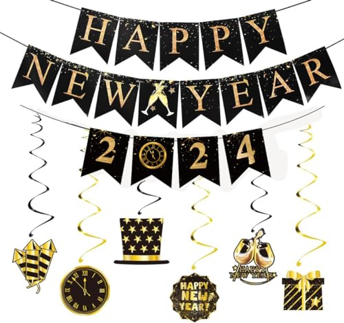 Silvester Deko 2025 Happy New Year Girlande Banner 2025 Hängende Wirbel Dekoration Silversterdeko Party Set Schwarz Gold Spiral Girlanden für NeuJahr Party Deko