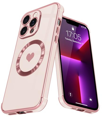 L-FADNUT Kompatibel mit iPhone 13 Pro Hülle Kompatibel mit MagSafe Rosa | Glänzend Herzmuster Magnetisch Handyhülle Stoßfeste Kratzfest Silikon Schutzhülle