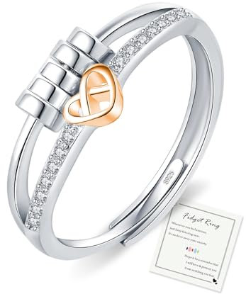 Fidget Ring-Fidget Rings for Women, Rose Gold Fidget Ring, Silver Rings for Women, Adjustable Rose Gold Heart Rings Women Cubic Zirconia Gift for Daughter Her