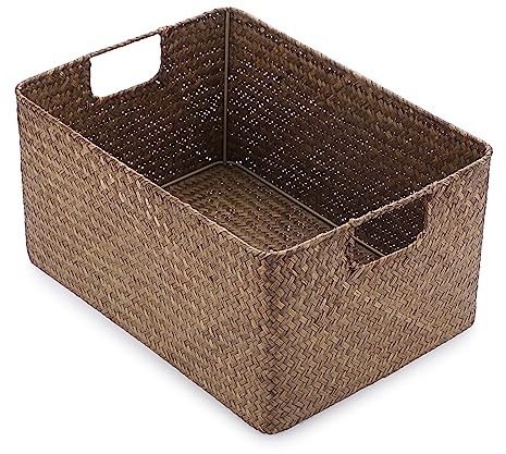 IGNPION Canasta de almacenamiento abierta para sala de estar, escritorio, caja decorativa de mimbre tejido, cesta rectangular para baño, organizador de almacenamiento, estantes y escritorios, cesta de