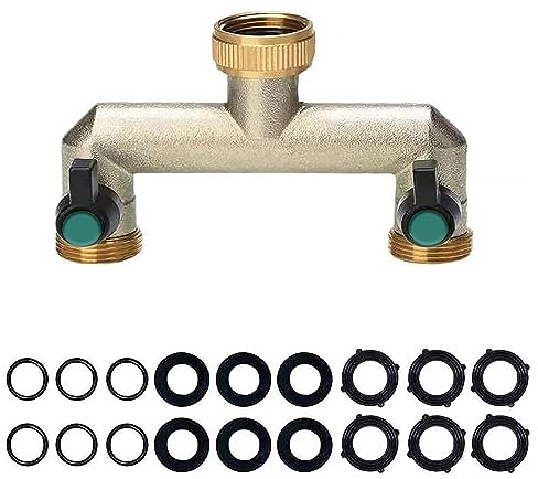 Messing Wasseranschluss Verteiler 2-Wege-Verteiler Wasser 3/4 Zoll für 2 Geräte/Gartenschläuche,Schlauchverteiler Wasserhahn Verteiler mit Kugelhahn zum Einstellen und Absperren des Wasserflusses