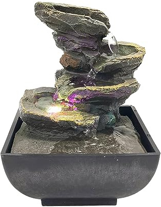 Fuente de mesa de interior GWZiehory con luz y sonidos naturales de cascada para escritorio, spa y decoración del hogar, fuente de escritorio de 4 niveles pequeña para ocio y relajación, meditación