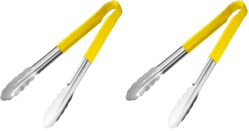 Hygiplas Pro-Grade Colour Coded Kitchen Serving Tongs 300mm, Yellow, Stainless Steel, Colour Coded Yellow for Cooked Meat, Vinyl Coated Handles | CB157 (Pack of 2)