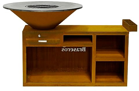 France Braseros | Braséro Plancha Grill Barbecue en Acier Corten Ø100cm avec Meuble Rectangle de Rangement pour Le Bois | Jardin, Terrasse, Extérieur