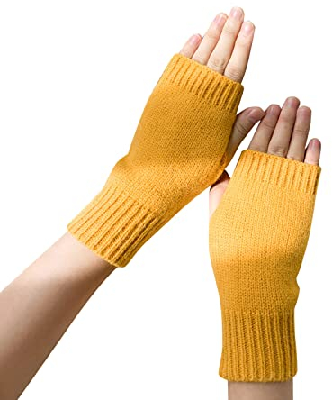 Halb Fingerlose Handschuhe Damen Kurzer Armstulpen Fäustlinge Pulswärmer Gestrickte Halbfinger Winterhandschuhe Weich Fingerlose Handwärmer Handstulpen Winter Warm Strickhandschuhe (Gelb, onesize)